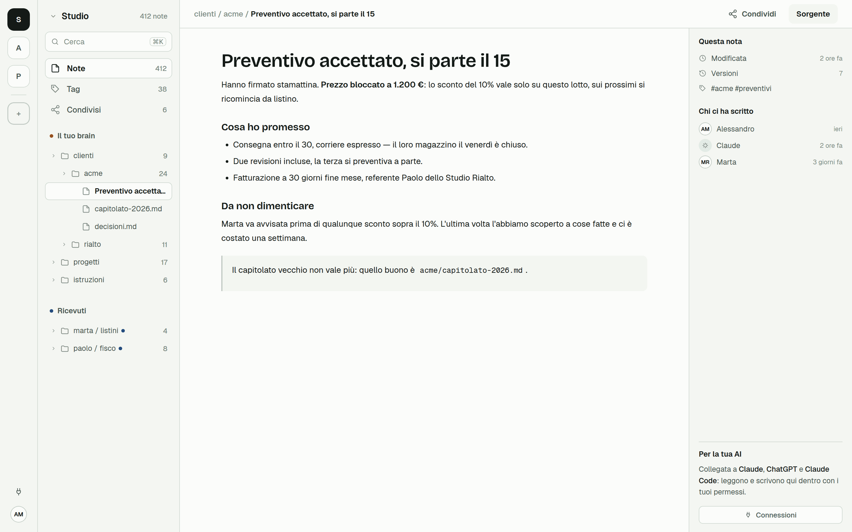 La dashboard di Cobrain: l'albero delle cartelle a sinistra, una nota aperta al centro, il pannello con chi ci ha scritto a destra.