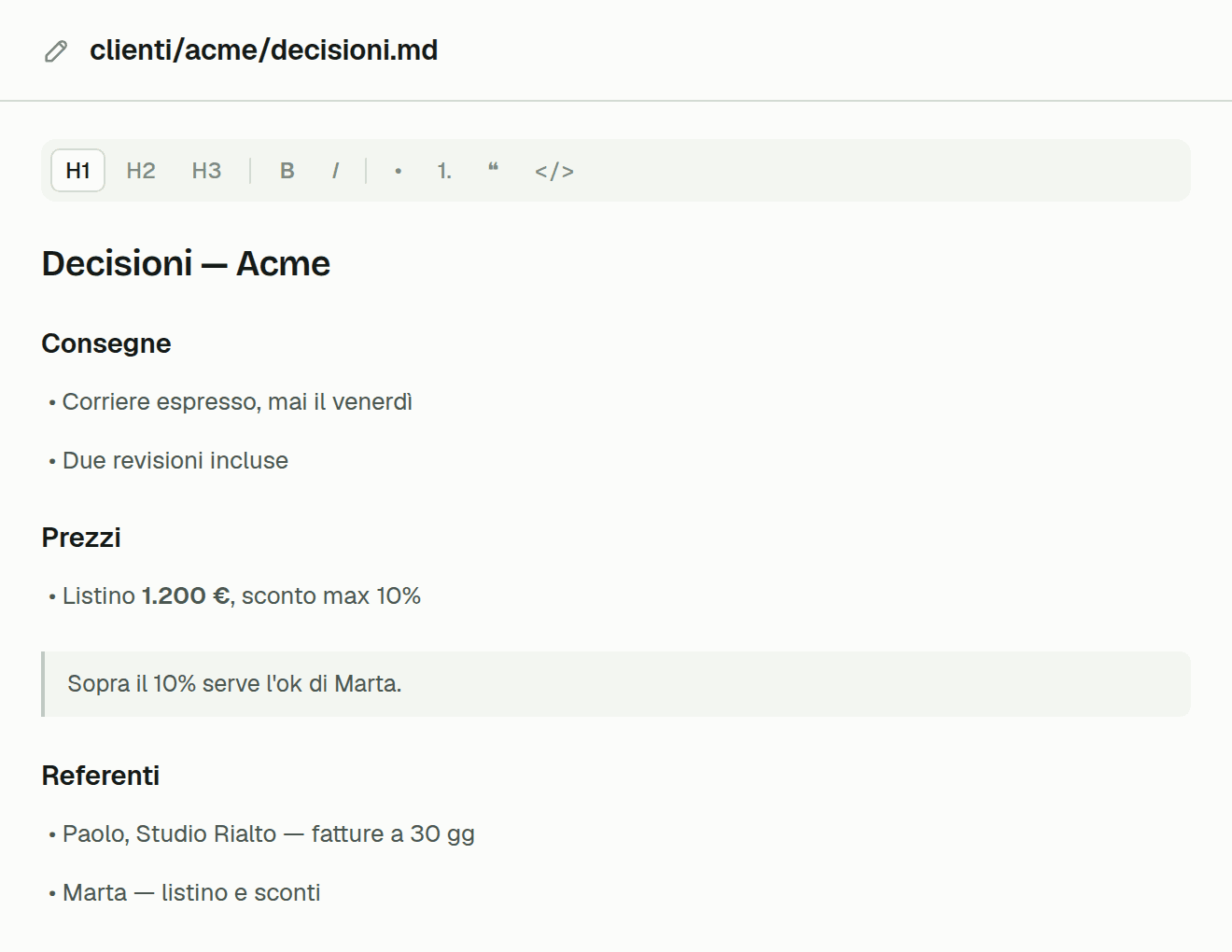 L'editor di una nota: la barra dei livelli e del formato, e il testo in Markdown.