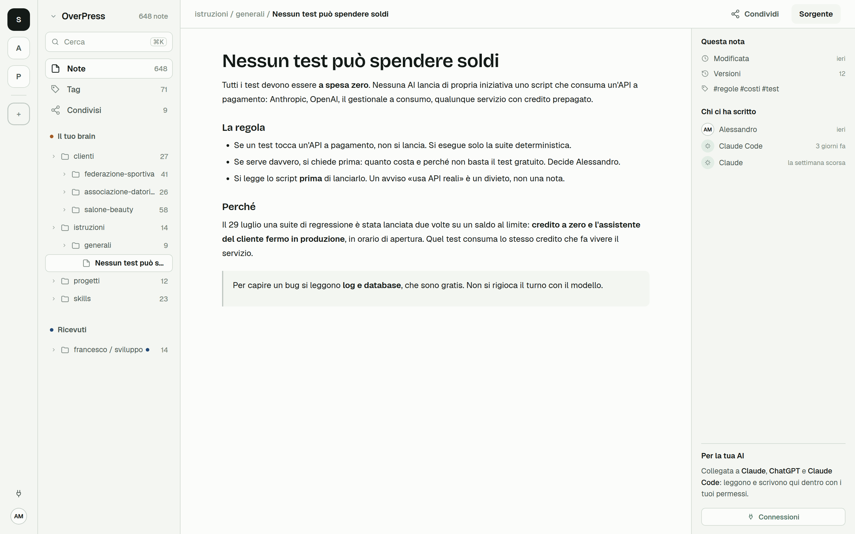 Il brain di OverPress dentro Cobrain: l'albero dei clienti a sinistra, una nota di regole al centro, a destra chi ci ha scritto: Alessandro, Claude Code, Claude.